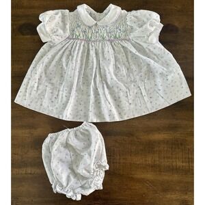 Vintage Pollyflinders Baby Girl Smocked Dress & Bloomer Set Floral Size 9 Months